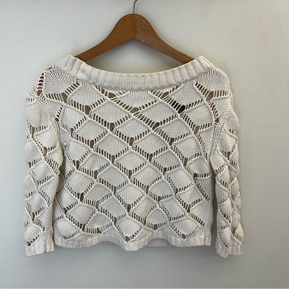 Moda International Off-the-Shoulder 100% Cotton Crochet Spring Cutout Sweater M